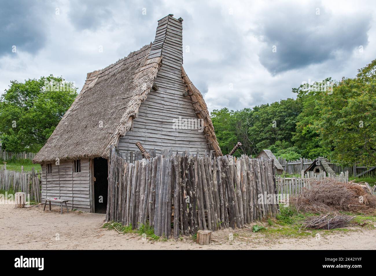 Plimoth Patuxet repliziert die ursprüngliche Siedlung der Pilger in der Plymouth Colony, wo die erste Danksagerei 1621 stattgefunden haben könnte. Stockfoto