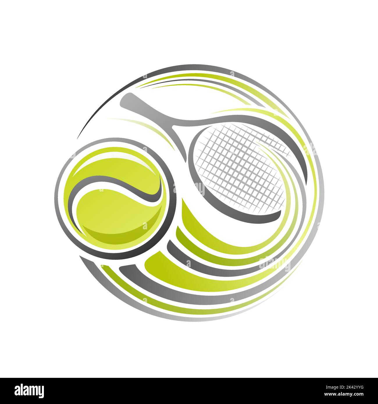 Vektor-Logo für Tennis Sport, isoliert modernes Emblem mit Darstellung des Fliegens auf Kurve Flugbahn Tennisball, dekorative Linie Kunst Sport Abzeichen für Stock Vektor