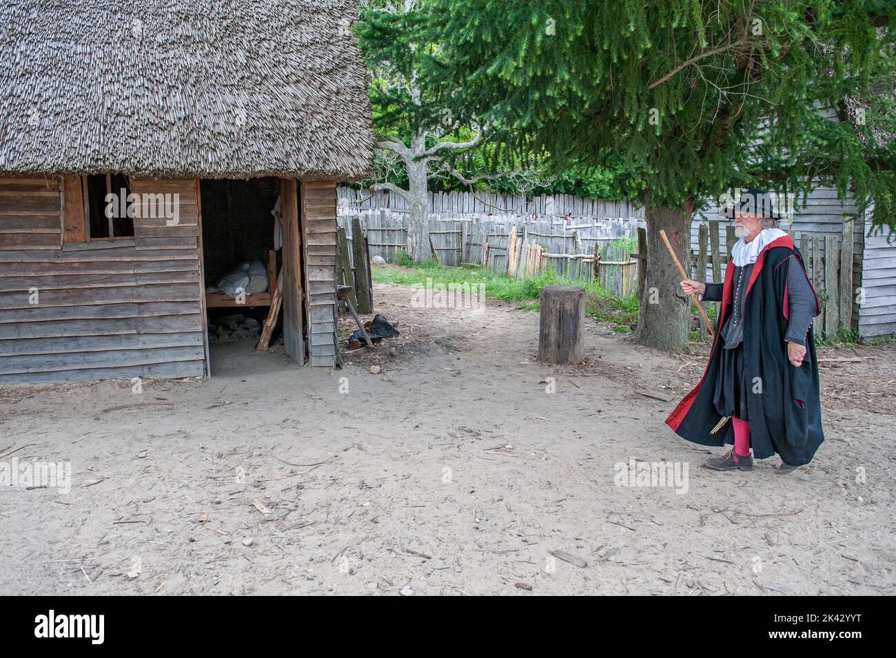 Plimoth Patuxet repliziert die ursprüngliche Siedlung der Pilger in der Plymouth Colony, wo die erste Danksagerei 1621 stattgefunden haben könnte. Stockfoto