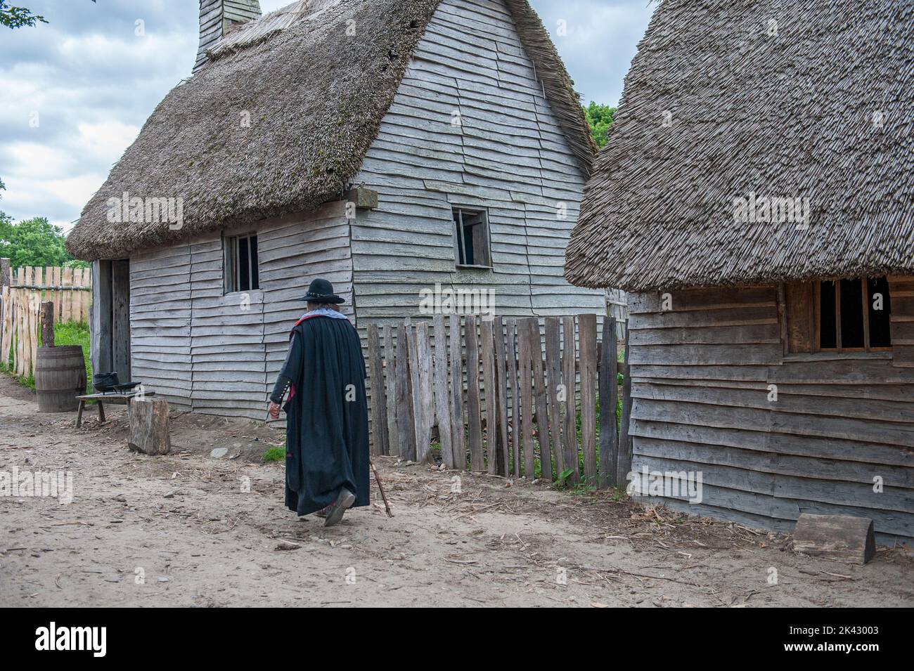 Plimoth Patuxet repliziert die ursprüngliche Siedlung der Pilger in der Plymouth Colony, wo die erste Danksagerei 1621 stattgefunden haben könnte. Stockfoto