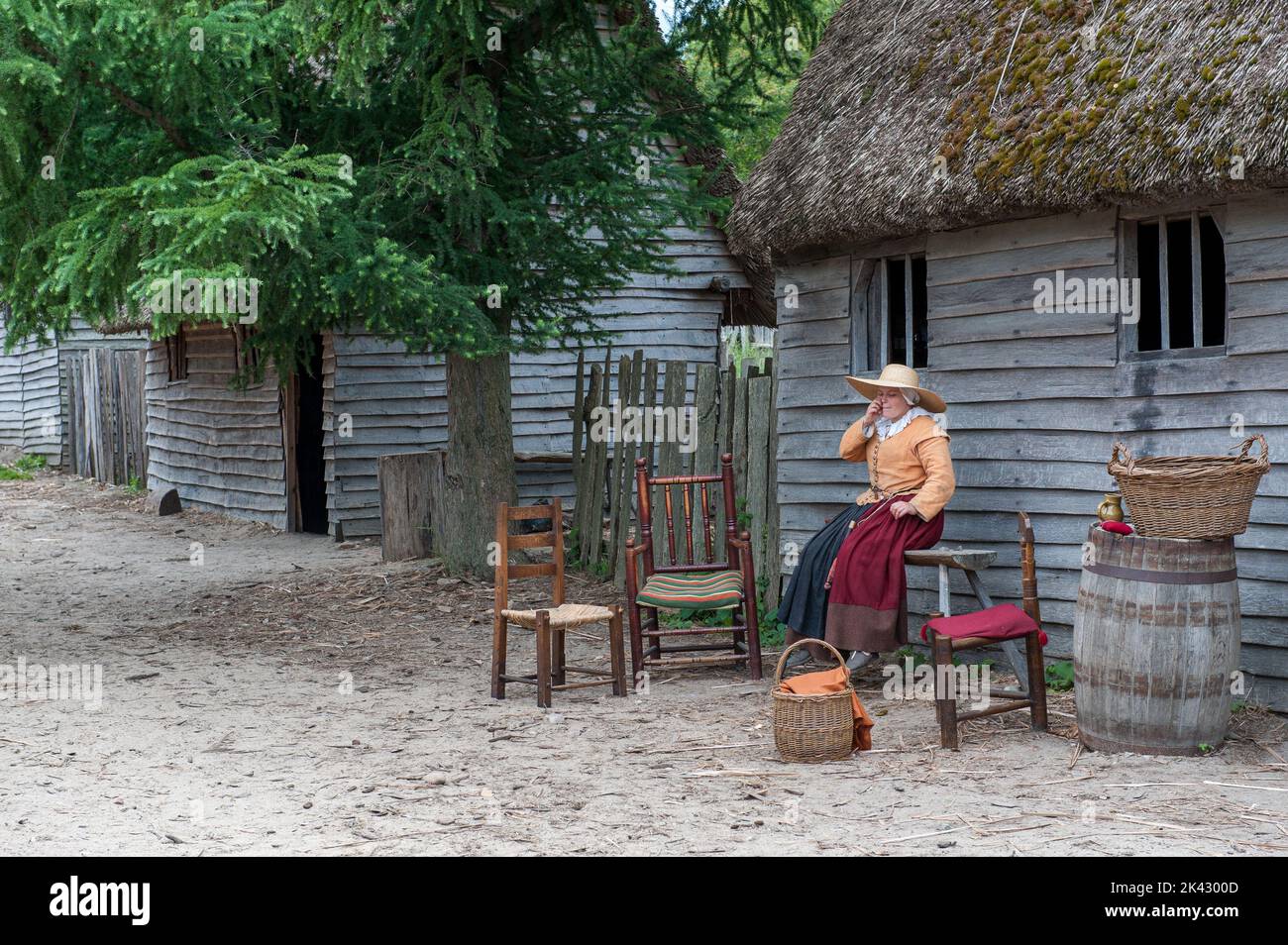 Plimoth Patuxet repliziert die ursprüngliche Siedlung der Pilger in der Plymouth Colony, wo die erste Danksagerei 1621 stattgefunden haben könnte. Stockfoto