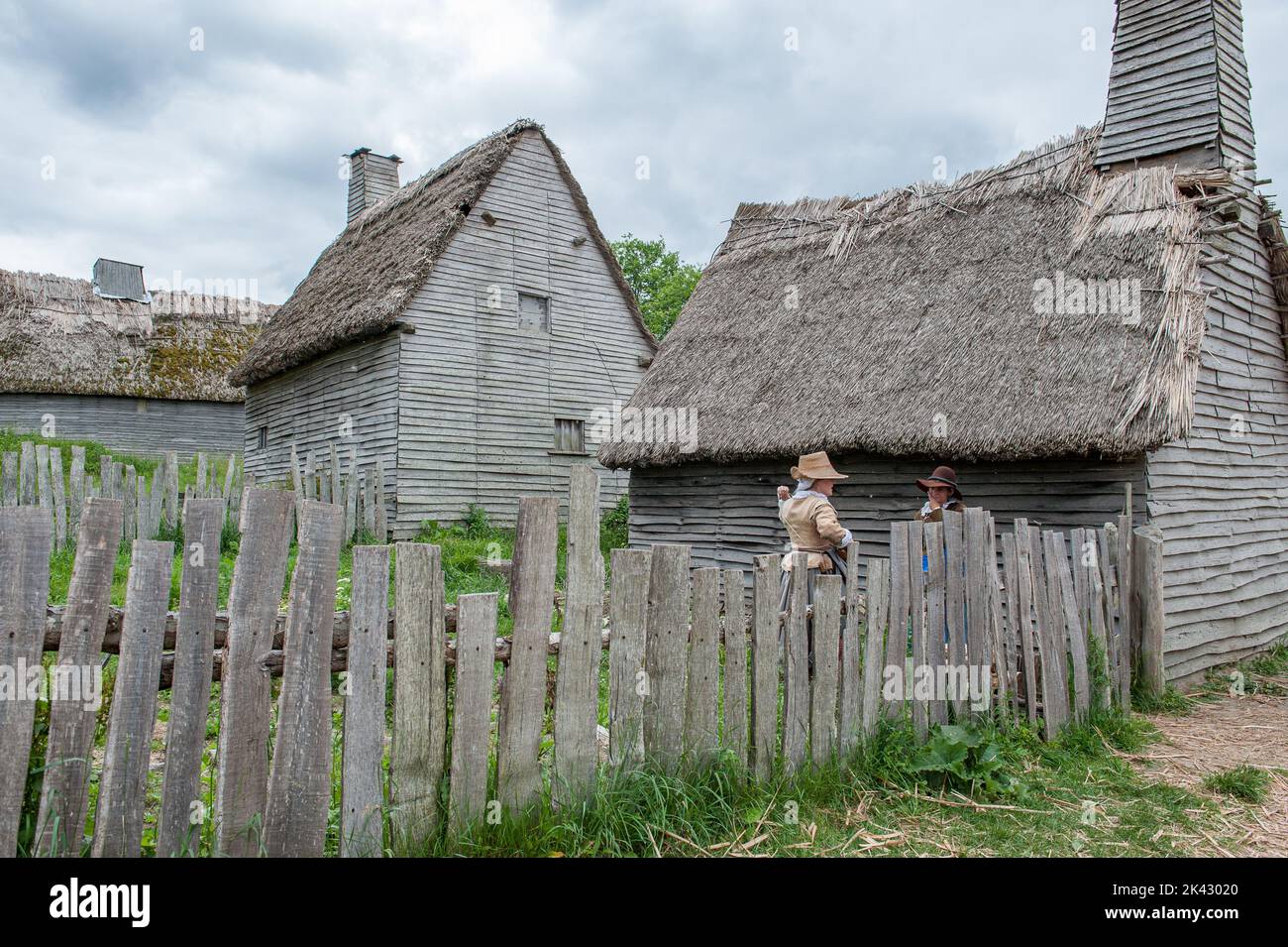 Plimoth Patuxet repliziert die ursprüngliche Siedlung der Pilger in der Plymouth Colony, wo die erste Danksagerei 1621 stattgefunden haben könnte. Stockfoto