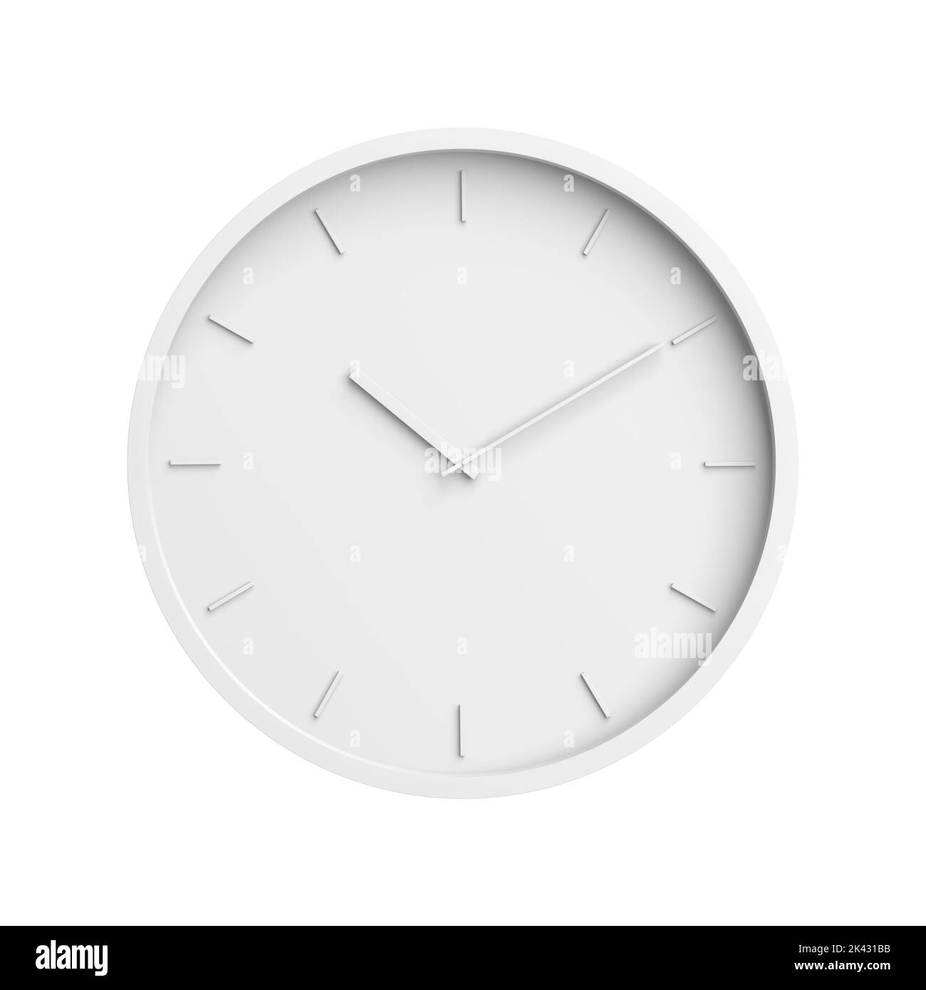 Weiße Uhr auf weißem Hintergrund isoliert. Minimalismus. 3D Abbildung. Stockfoto