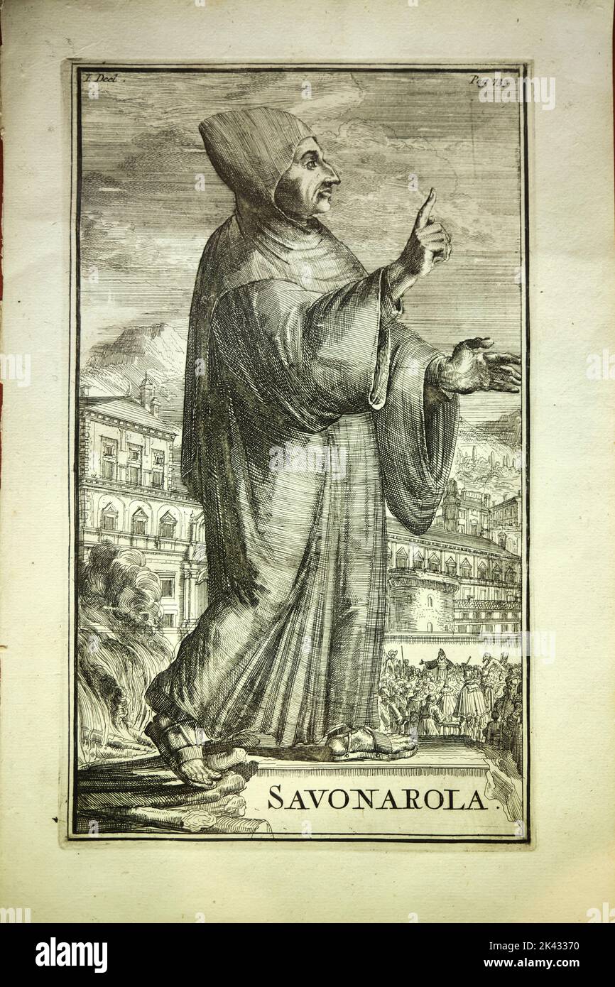 Illustraion von Savonarola in einem Buch in der Bibliothek des San Marco Museums in Florenz Italien Stockfoto