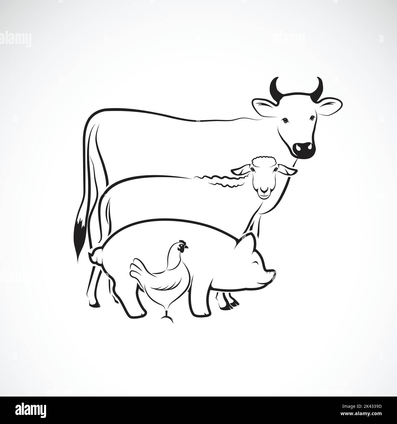 Vektor-Gruppe von Tierfarm-Design auf weißem Hintergrund., Kuh, Schaf, Schwein, Huhn. Logo Tier. Leicht editierbare Vektorgrafik mit Ebenen. Tier. Stock Vektor