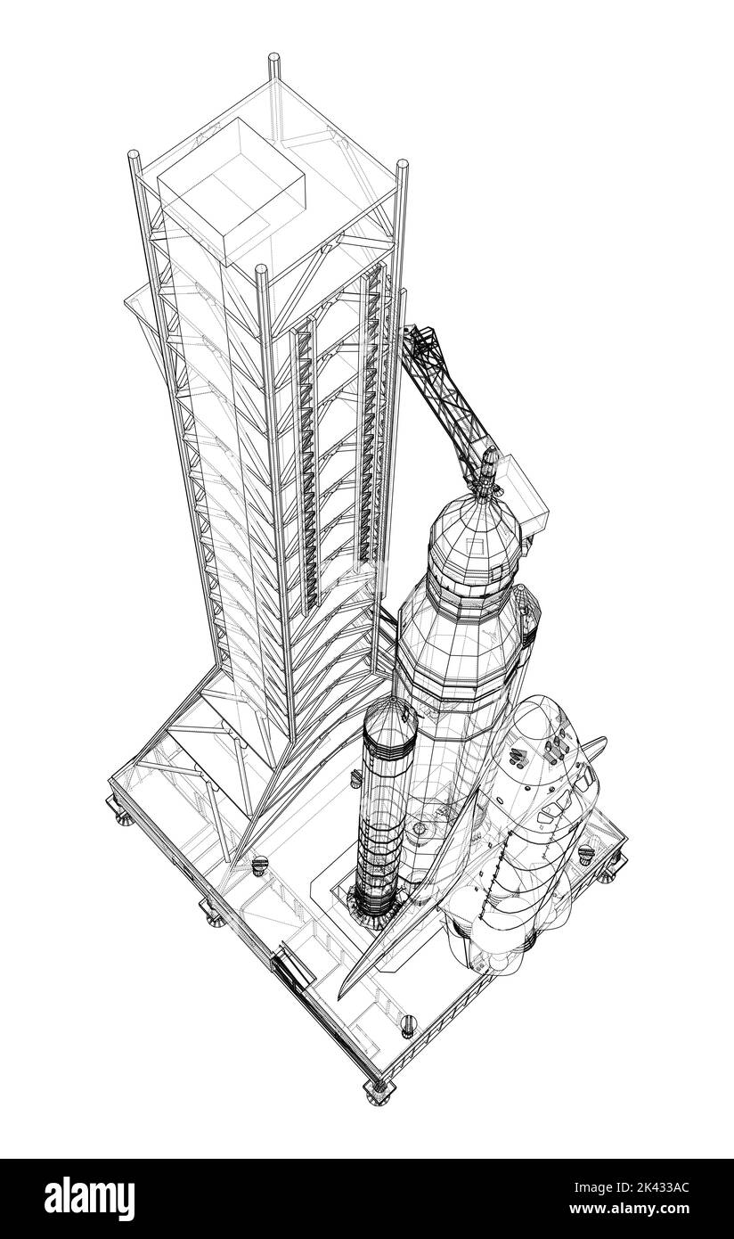Space Rocket auf der Startrampe. Vektorrendering von 3D Stock Vektor