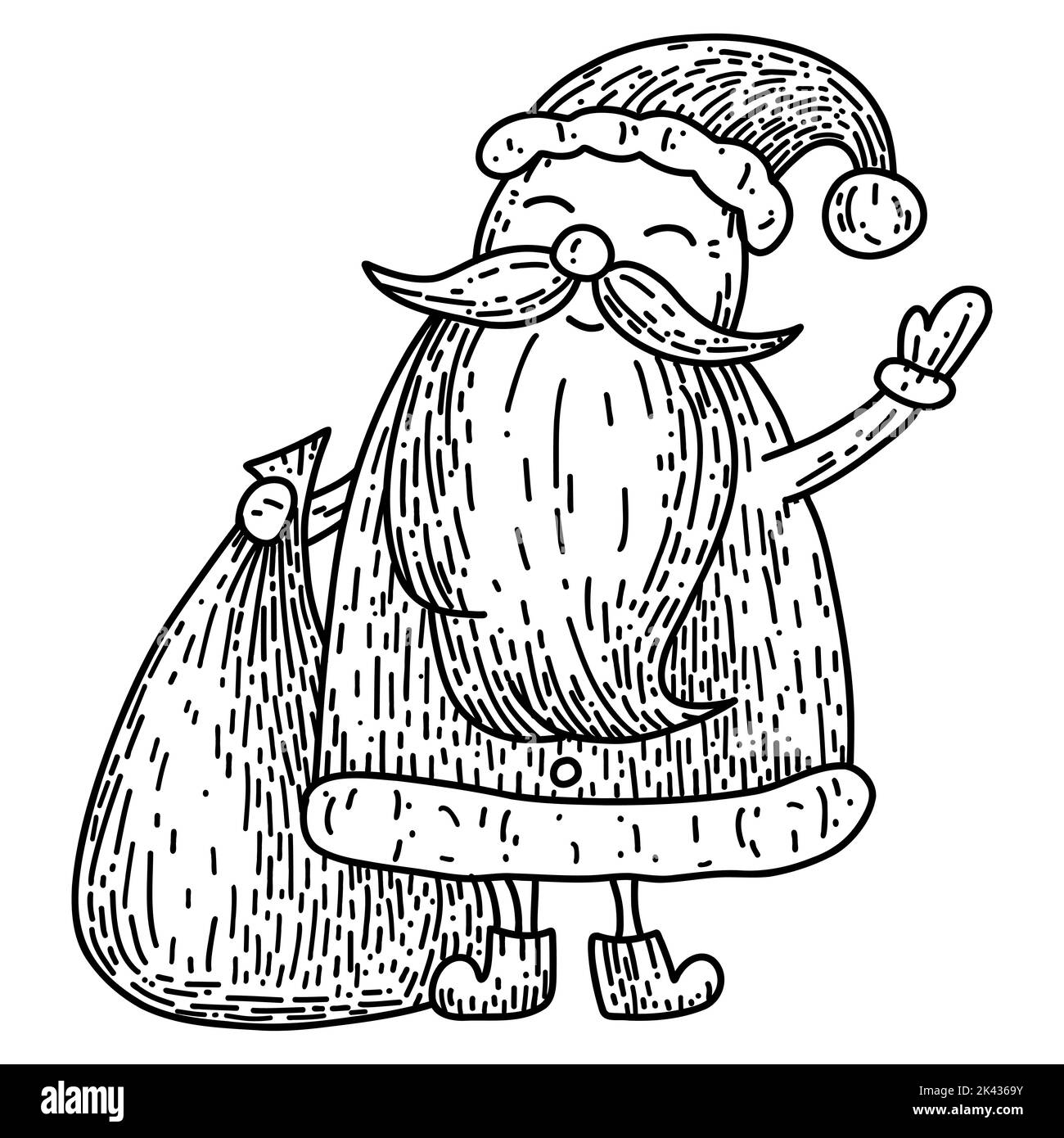 Handgezeichnete Weihnachtsfigur im Cartoon-Doodle-Stil. Vektor-Skizze des Weihnachtsmanns, lineare schwarze Tuschezeichnung Stock Vektor