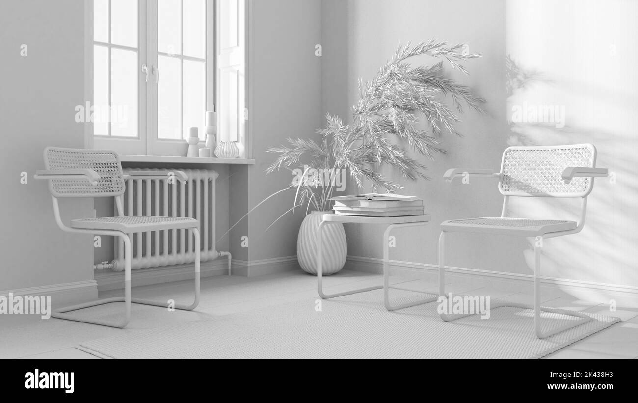 Totaler weißer Projektentwurf, klassischer Warteraum. Rattan- und Steal-Sessel, Beistelltisch, Teppich, Fenster und Dekore. Gestreifte Tapete. Modern in Stockfoto
