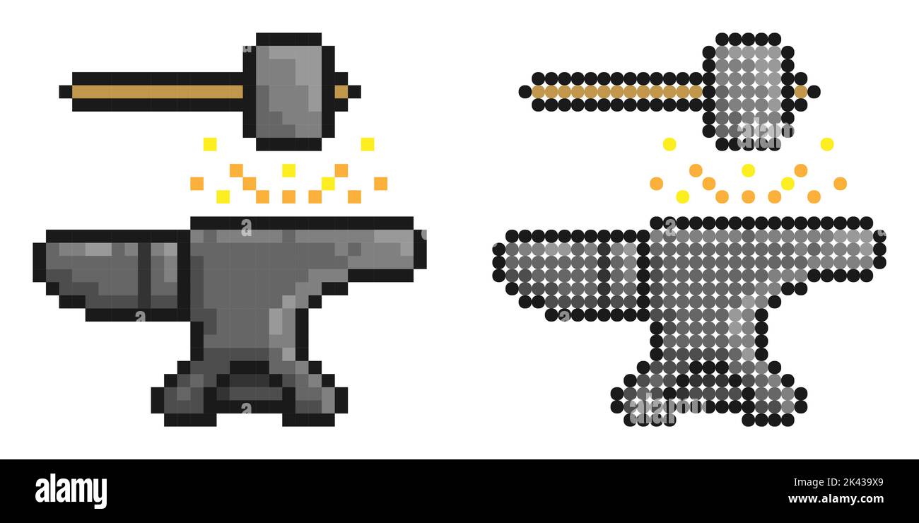 Pixelsymbol. Hammer trifft den Amboss. Schmiedekunst, Herstellung von Metallprodukten. Einfache Retro-Spiel Vektor isoliert auf weißem Hintergrund Stock Vektor
