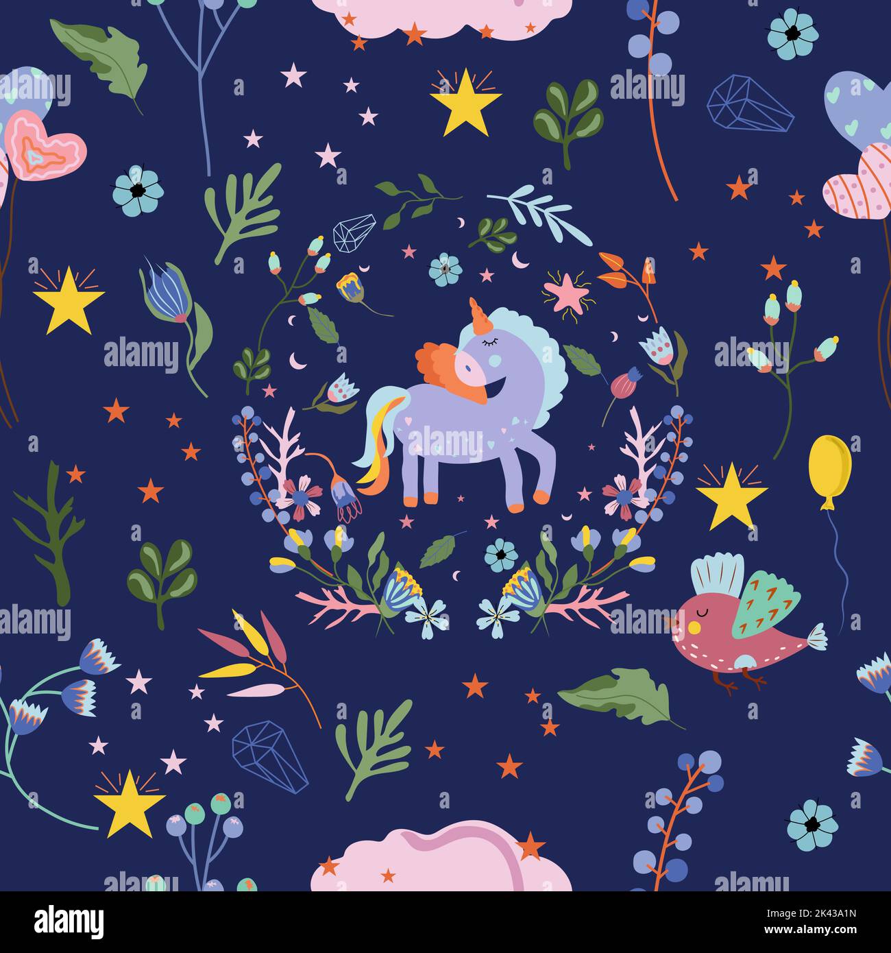 Nahtloses Muster mit magischem Einhorn im Kranz, farbenfrohem Vogel, Luftballons, Blumen. Helles Muster kann als Textil, Verpackung, Tapete, Banner und andere verwendet werden. Vektorgrafik Stock Vektor