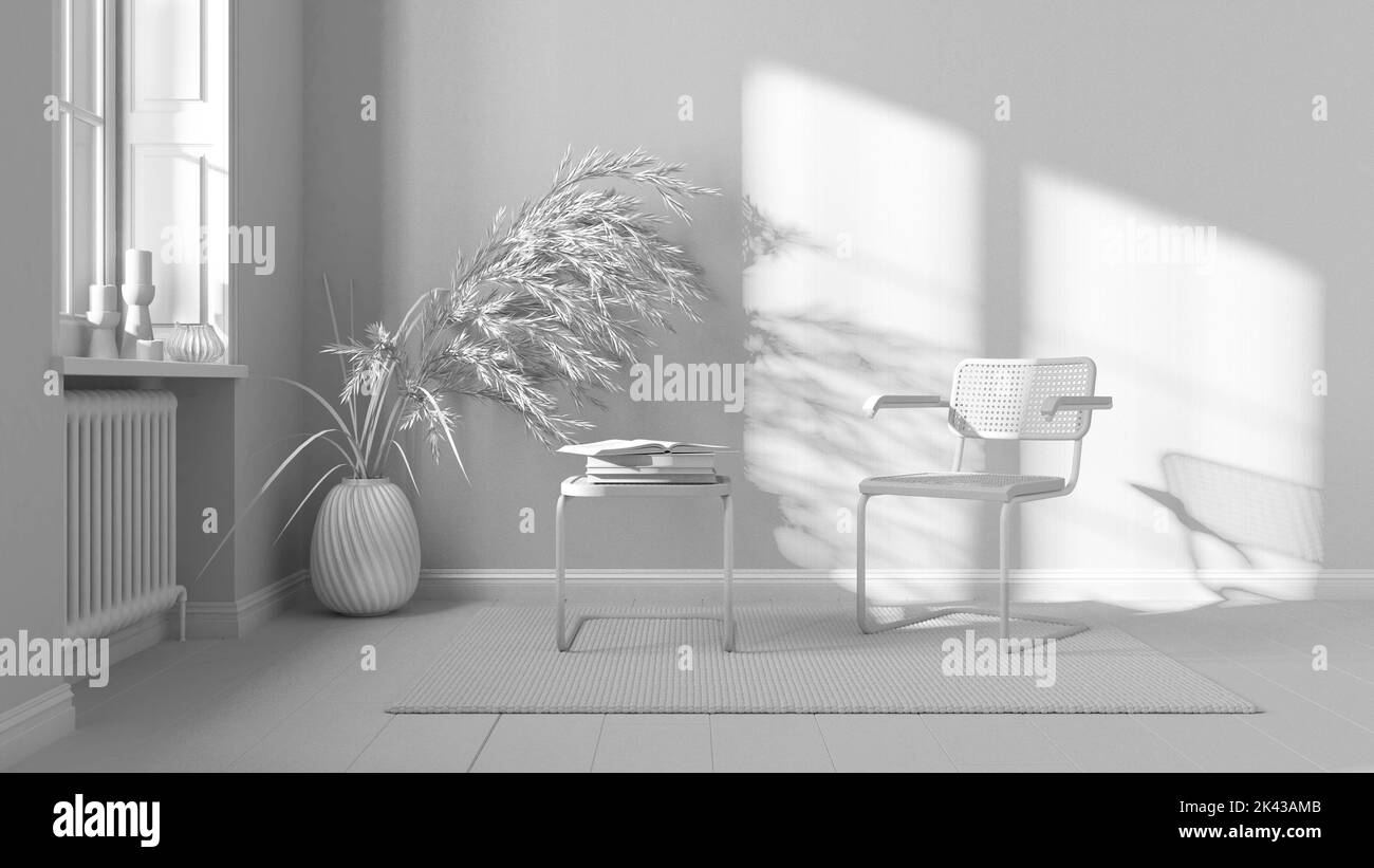 Total White Projekt Entwurf, skandinavisches Wohnzimmer. Rattan- und Steal-Sessel, Beistelltisch, Teppich, Fenster und Dekore. Gestreifte Tapete. Moderne Einrichtung Stockfoto