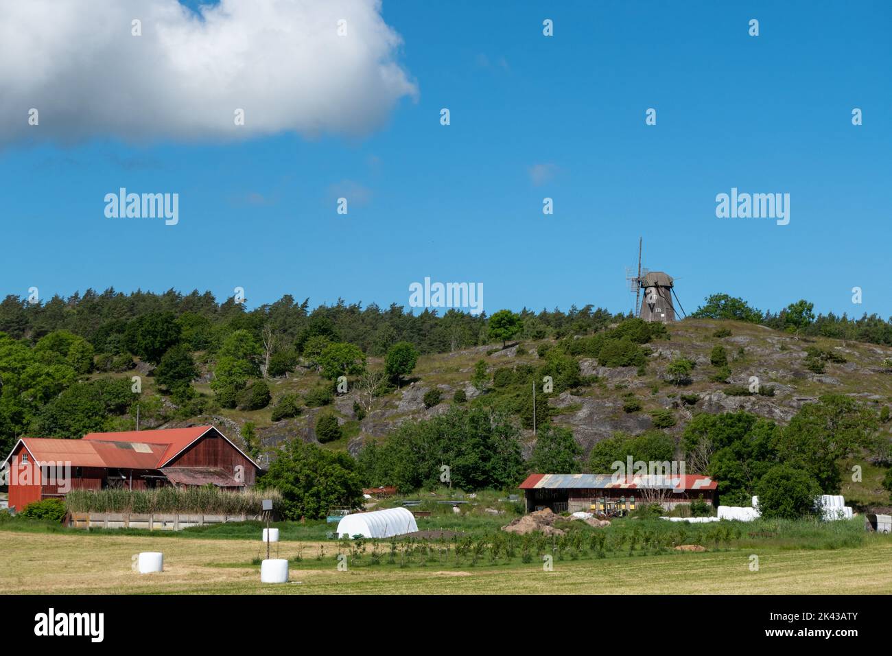 Schwedische Landschaft mit Ruine von hölzernen Windmühle und Bauernhof Stockfoto