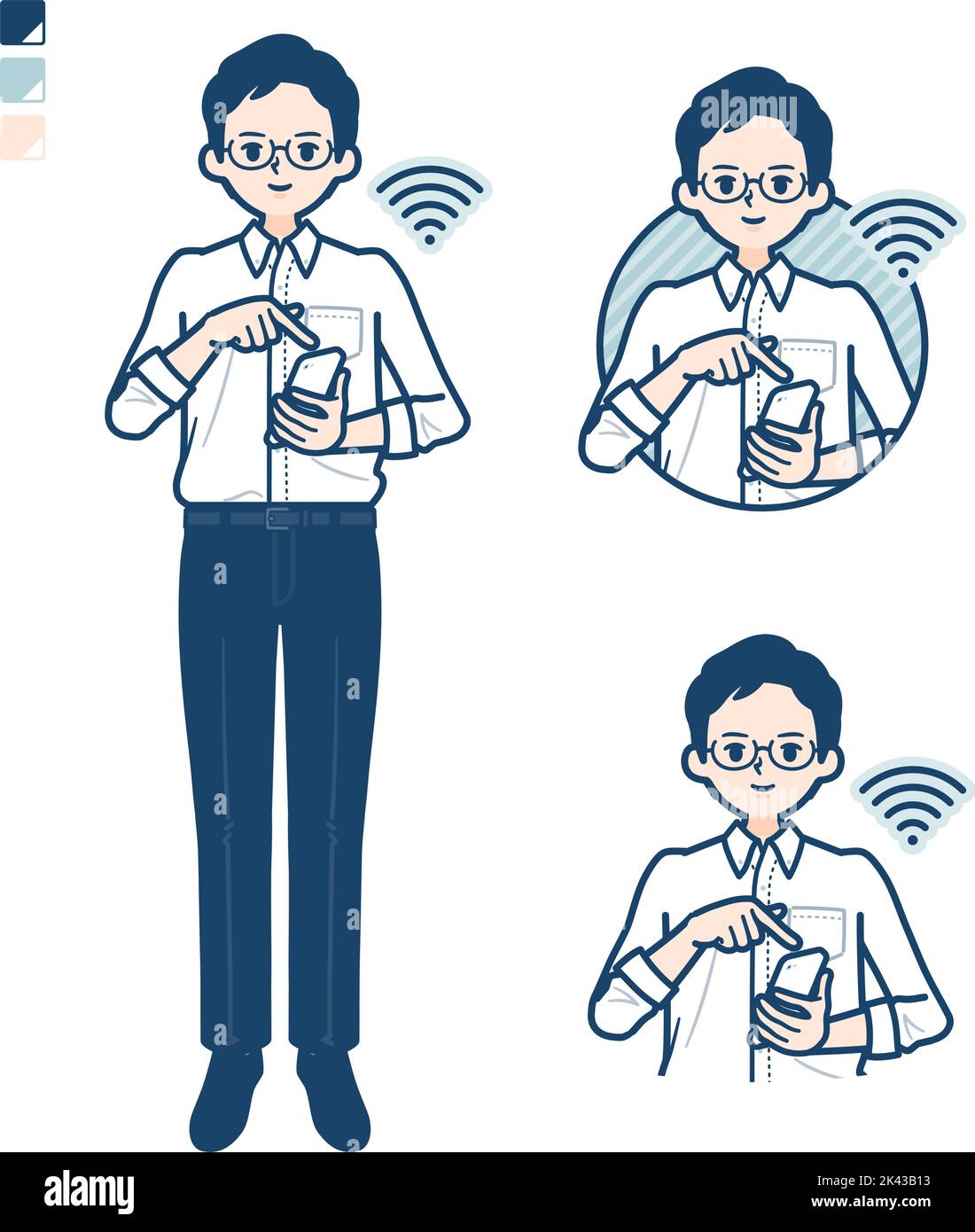 Ein Mann im Hemd mit Smartphone-Bildern bedienen.Es ist Vektorgrafik, so ist es einfach zu bearbeiten. Stock Vektor