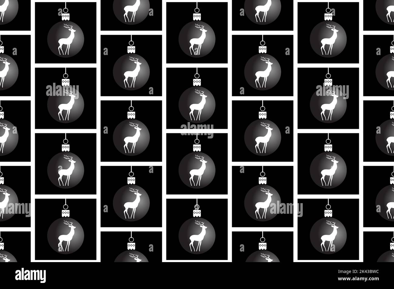 Nahtloses Muster von Weihnachtskugeln mit Hirschen auf schwarzem, Vektor-handgezeichneter Mode-Stil, Urlaubsstimmung Stock Vektor