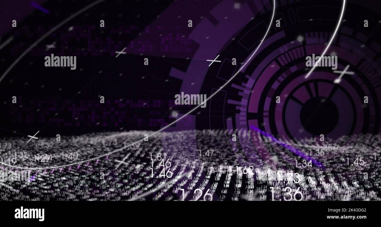 Bild eines drehenden runden Scanners und einer digitalen Welle vor schwarzem Hintergrund Stockfoto