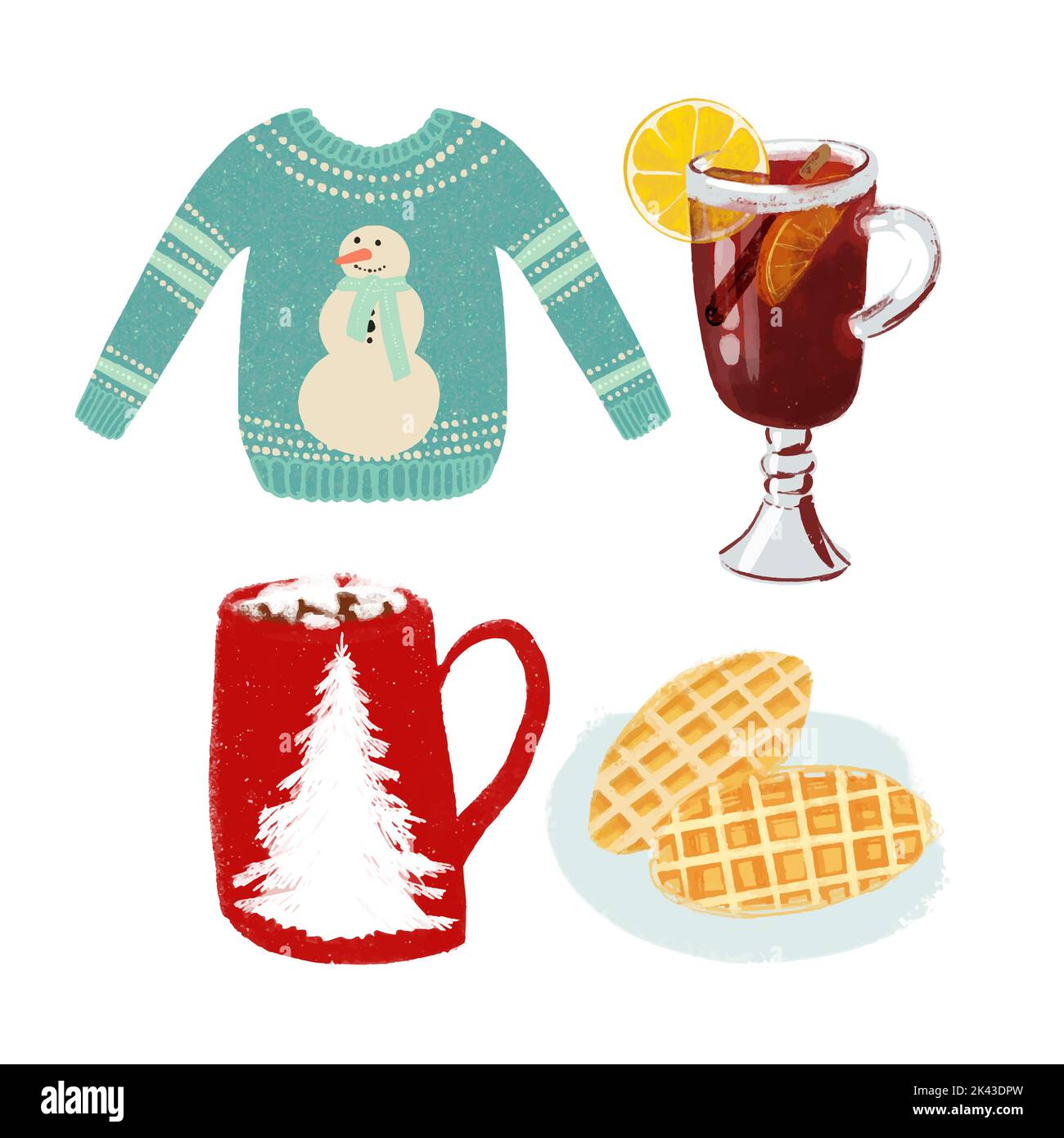 Winter Illustration hässlicher Pullover, Waffeln, Kakao, Glühwein Stock Vektor