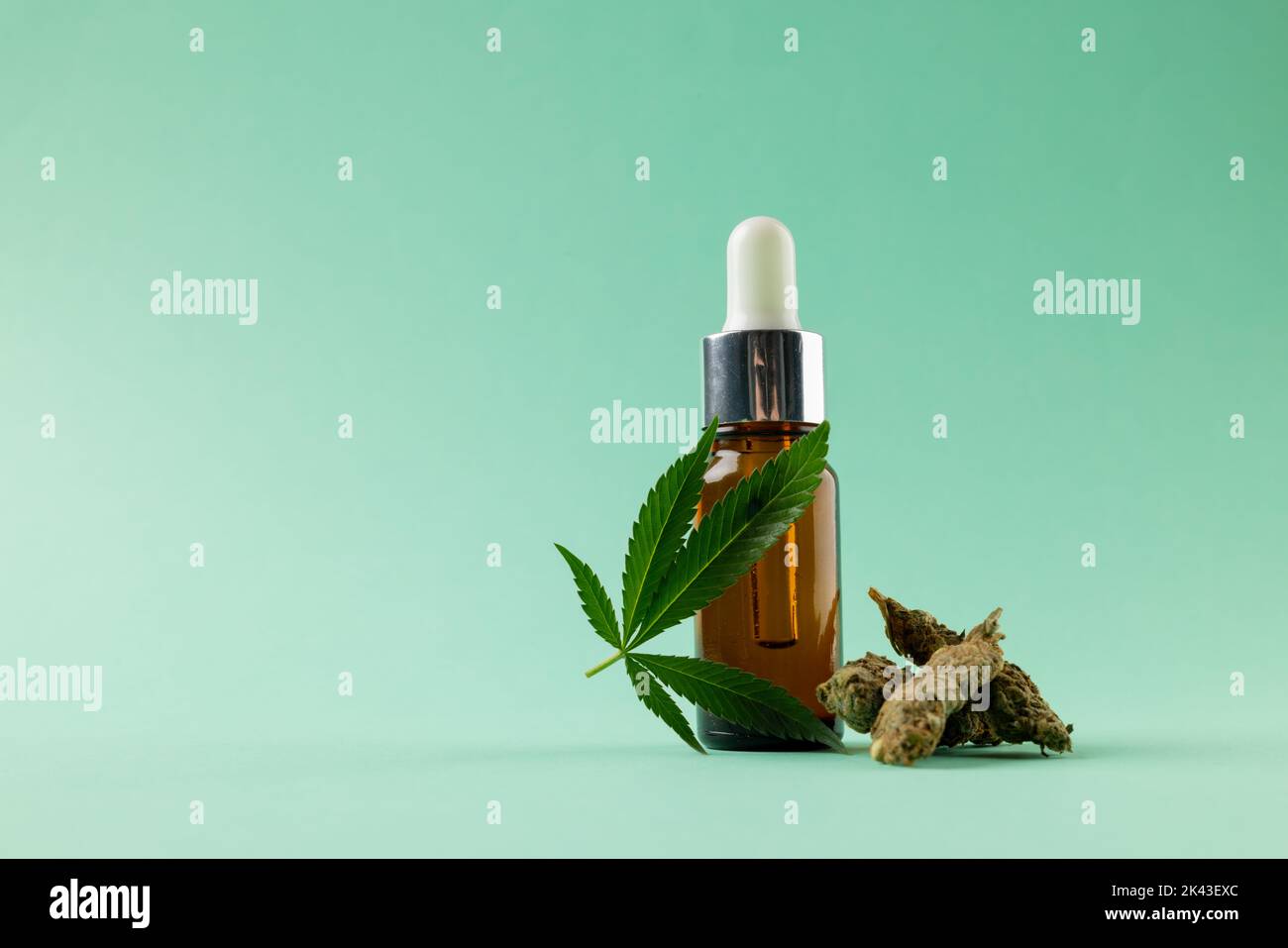 Bild einer Flasche CBD-Öl und getrockneten Marihuana-Blättern auf grüner Oberfläche Stockfoto
