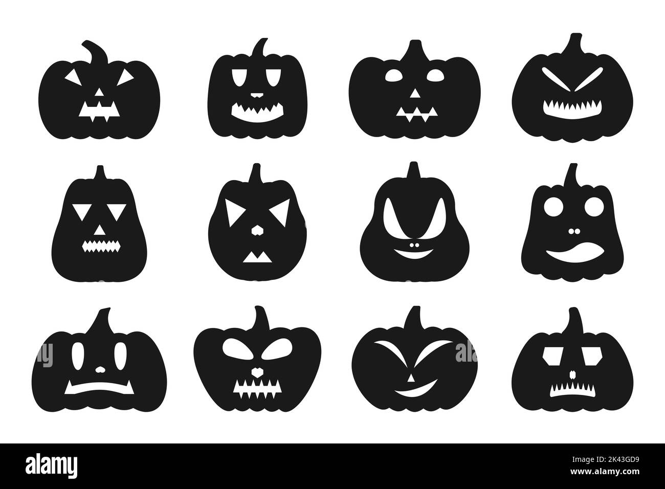 Halloween Emoji Kürbis gruselig gruseliges Gesicht schwarz flach Symbol-Set. Jack O Lantern Piktogramm Sammlung enthält Zeichen Emotionen. Einfache Jack o Laterne Cartoon-Symbol auf weißem Hintergrund isoliert Stock Vektor