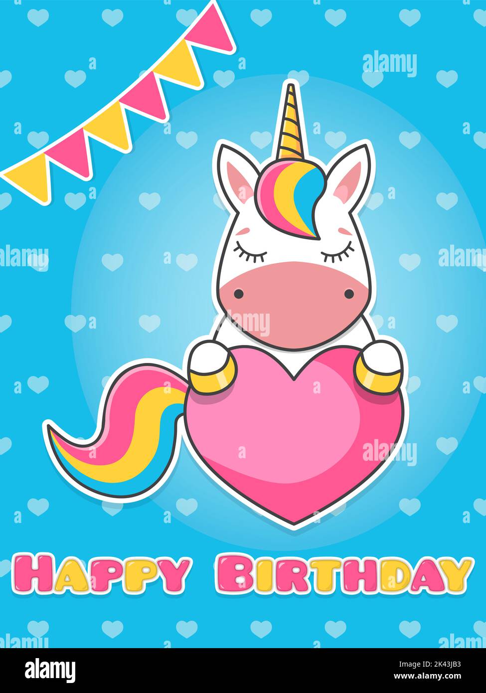 Grußkarte Alles Gute zum Geburtstag. Ein nettes Einhorn hält ein rosa Herz. Cartoon flache 