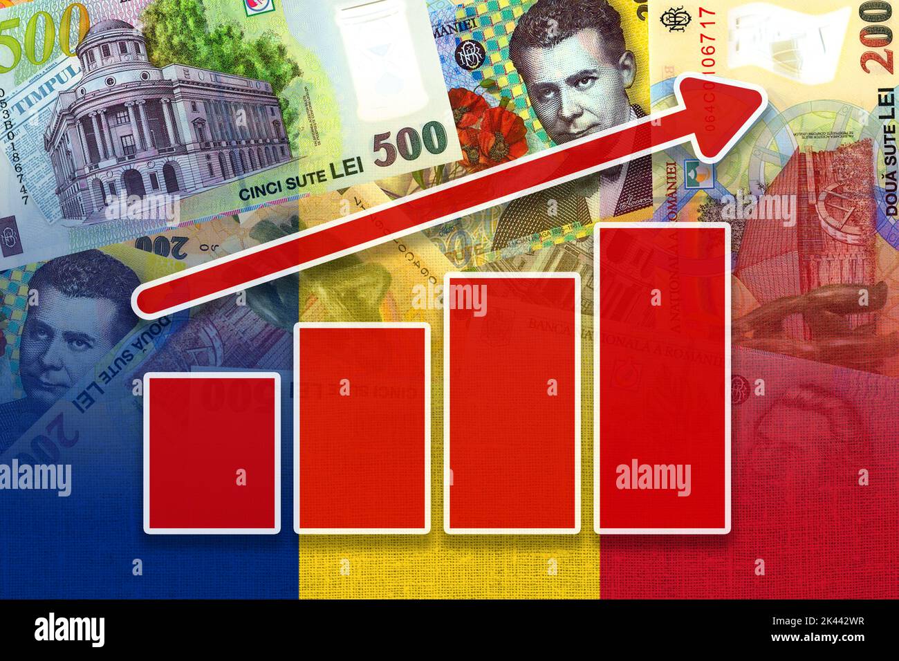 Wirtschaftsdiagramm: Steigender Pfeil, rumänische Flagge und Bargeld Leu Banknoten Stockfoto