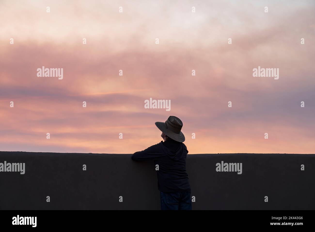 Rückansicht eines Mannes, der Wildfeuer-Rauch bei Sonnenuntergang sieht Stockfoto