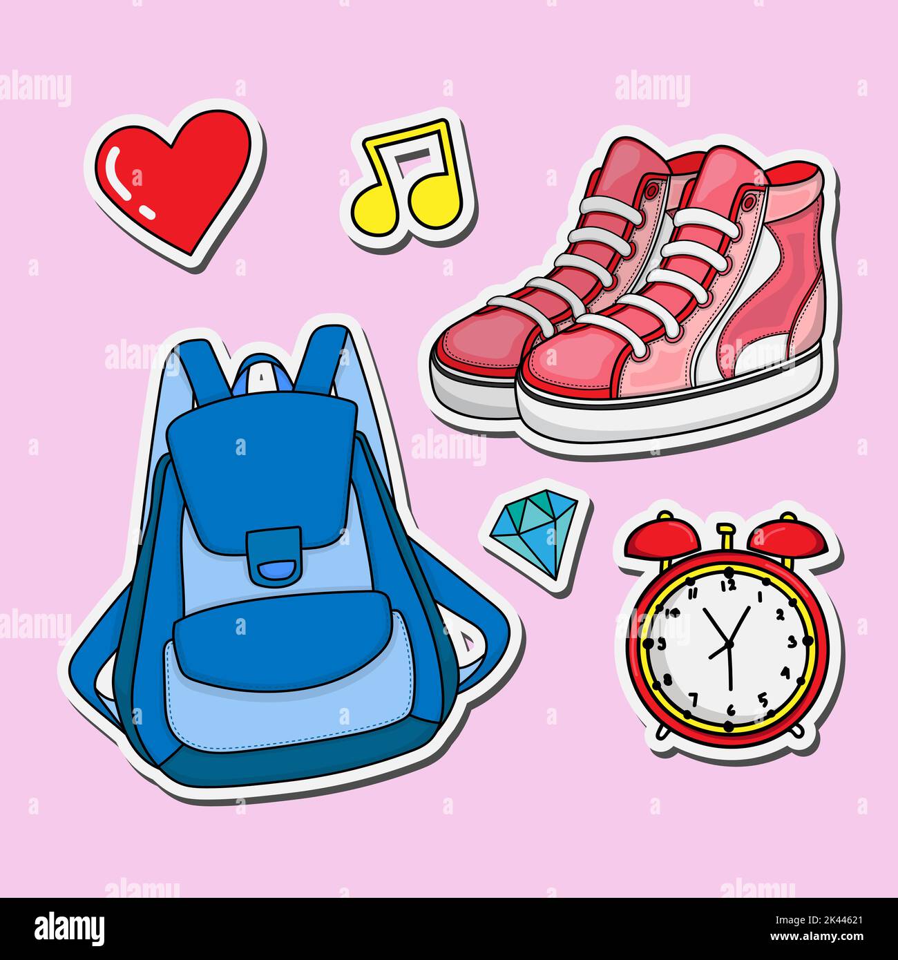 Illustration Design zurück in die Schule mit Doodle Stil Taschen und Schuhe für gepatchte Abzeichen Aufkleber und Schlüsselanhänger Set Stock Vektor