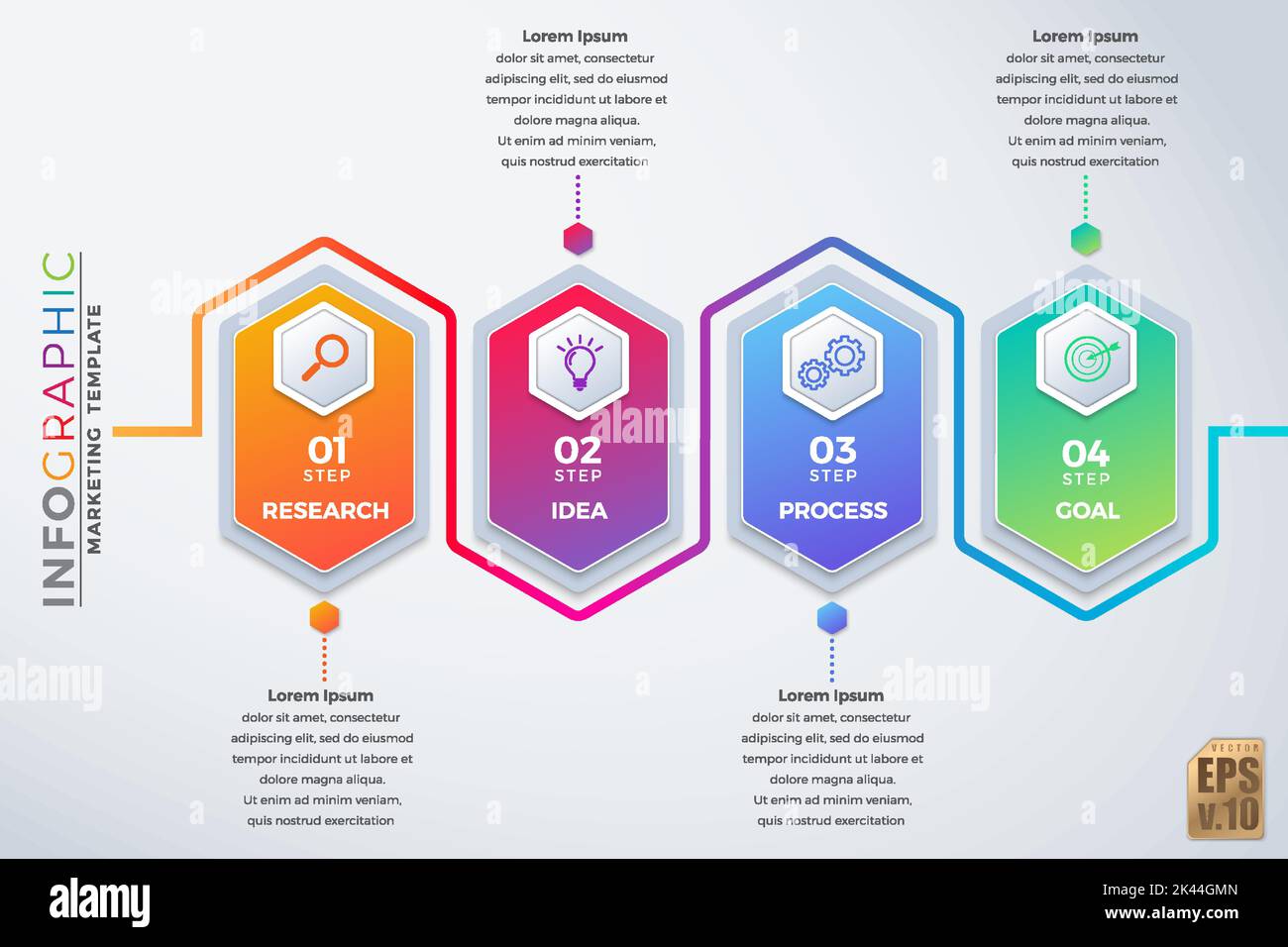 Infografik Vektor Business Marketing Design Sechseck Symbole bunte Vorlage. 4 Optionen minimal isoliert auf weißem Hintergrund. Sie können für Marketi verwendet werden Stock Vektor