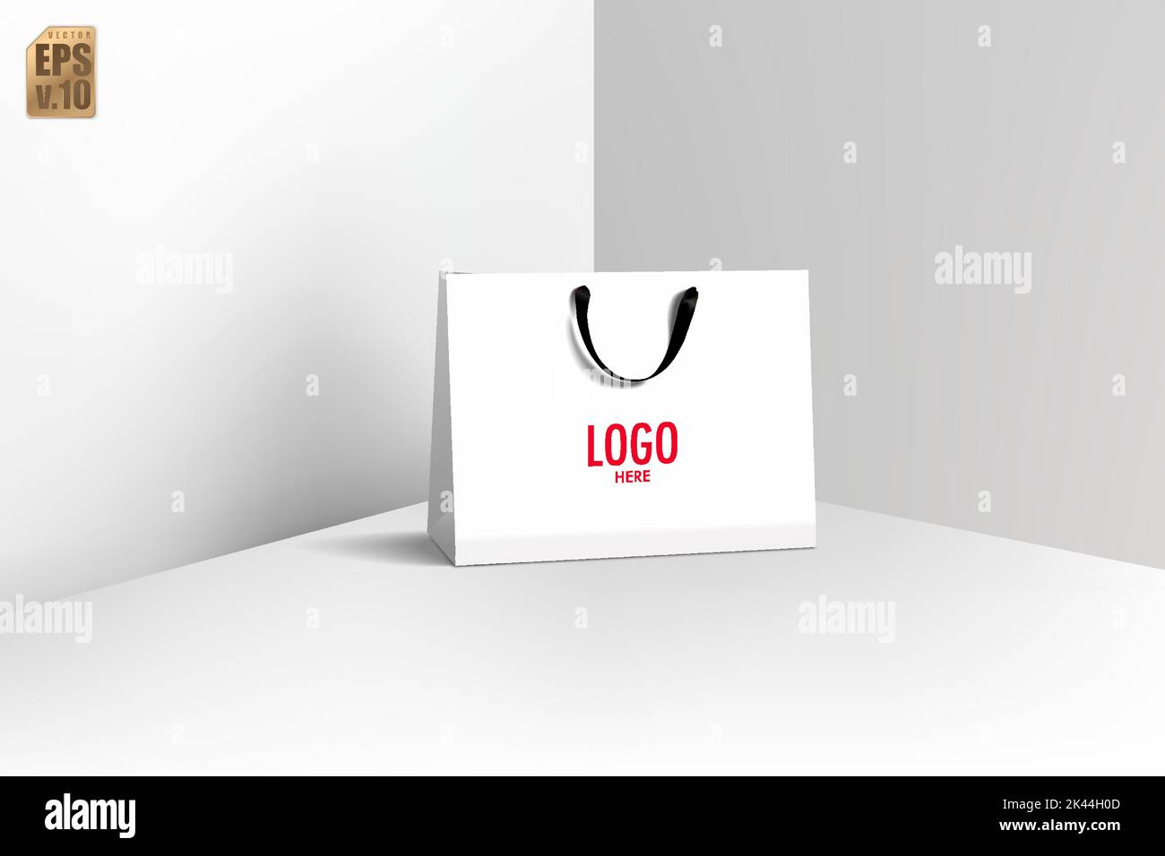 Weiße Papiertüte und schwarzer Griff realistisches Vektor-Design. Leeres Logo zum Einfügen Ihres Branding. Sie können für Online-Marketing, Vertrieb, Präsentationen verwendet werden Stock Vektor