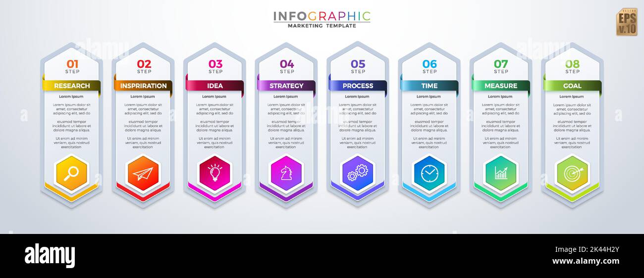 Infografik Vektor Business Design Sechseck Symbole bunte Vorlage. 8 Optionen und Streifen in minimalistischem Stil. Sie können für Marketing-Prozess verwendet werden, workfl Stock Vektor