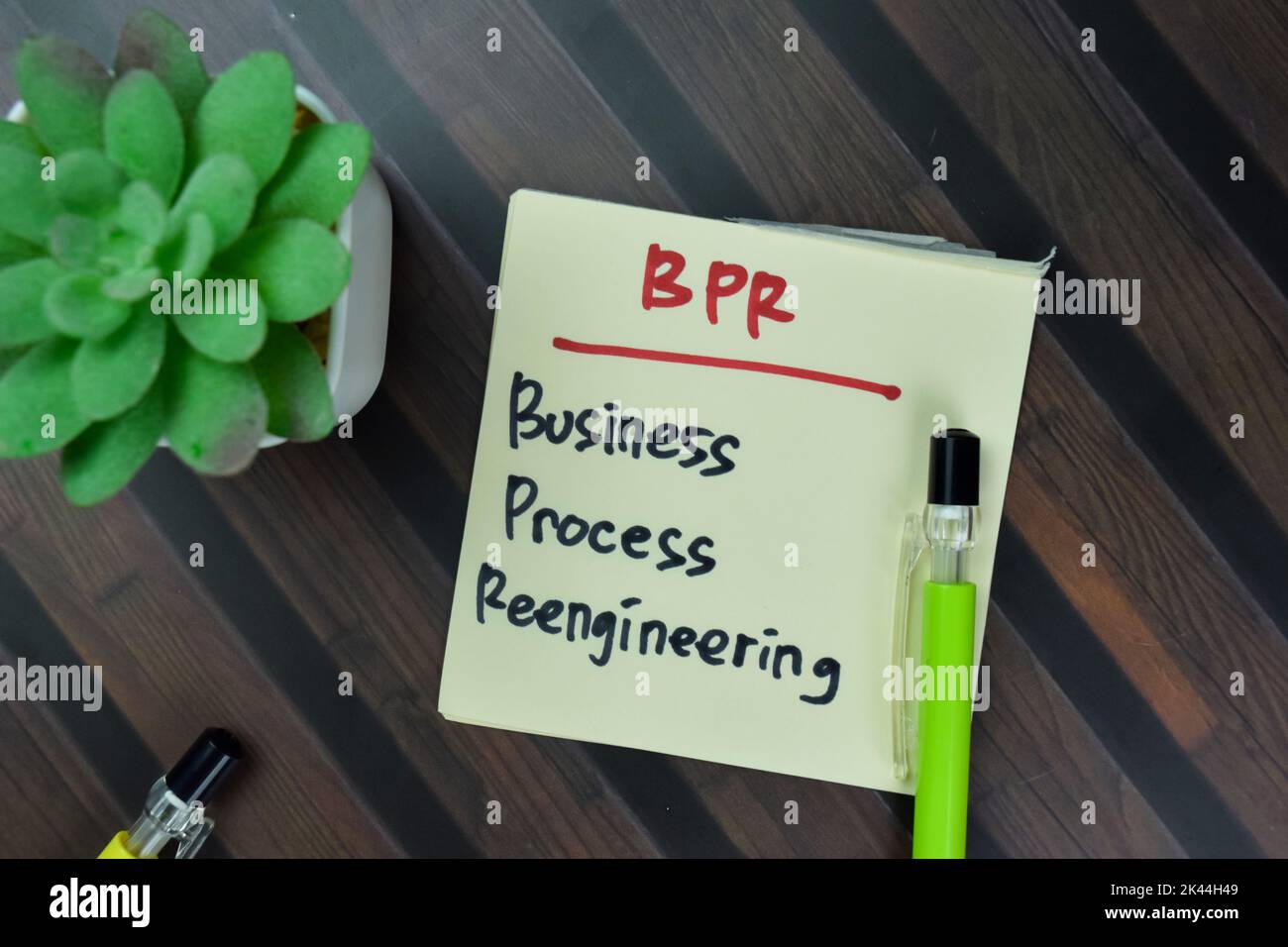Konzept von BPR - Business Process Reengineering Schreiben Sie auf Haftnotizen isoliert auf Holztisch. Stockfoto