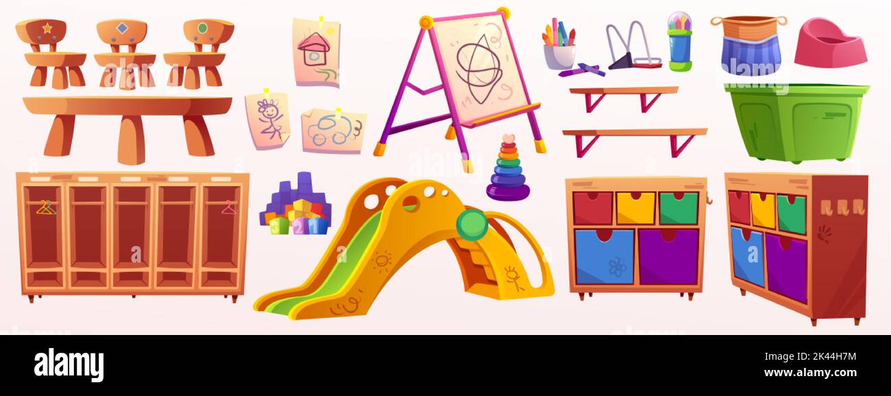 Kindergarten Innenausstattung und Spielzeug, Satz von Spielzimmer Artikel. Holzmöbel, Tische, Stühle, Schließfächer und Boxen für Spielzeug, Kunststoffrutsche, Brett, c Stock Vektor