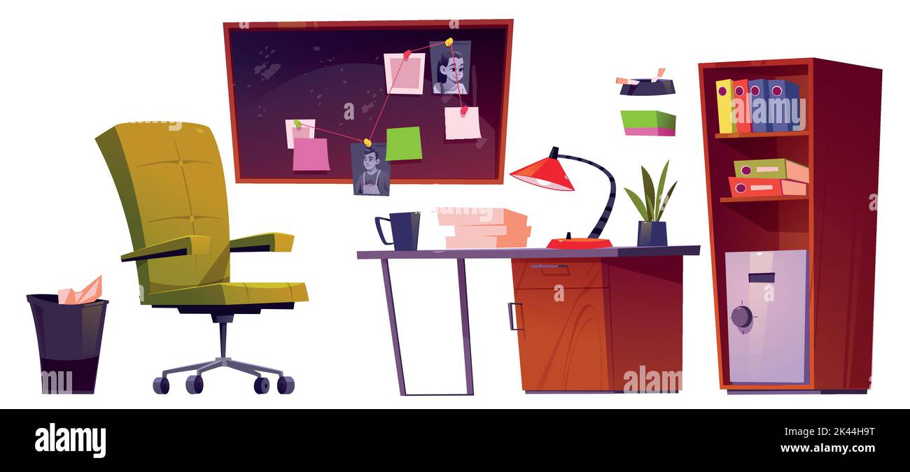 Polizeiabteilung oder private Detektivagentur Büro Set, Schreibtisch und Brett mit Beweisen. Vektor Cartoon isolierte Illustration von Detektiv Agent Kabine Stock Vektor