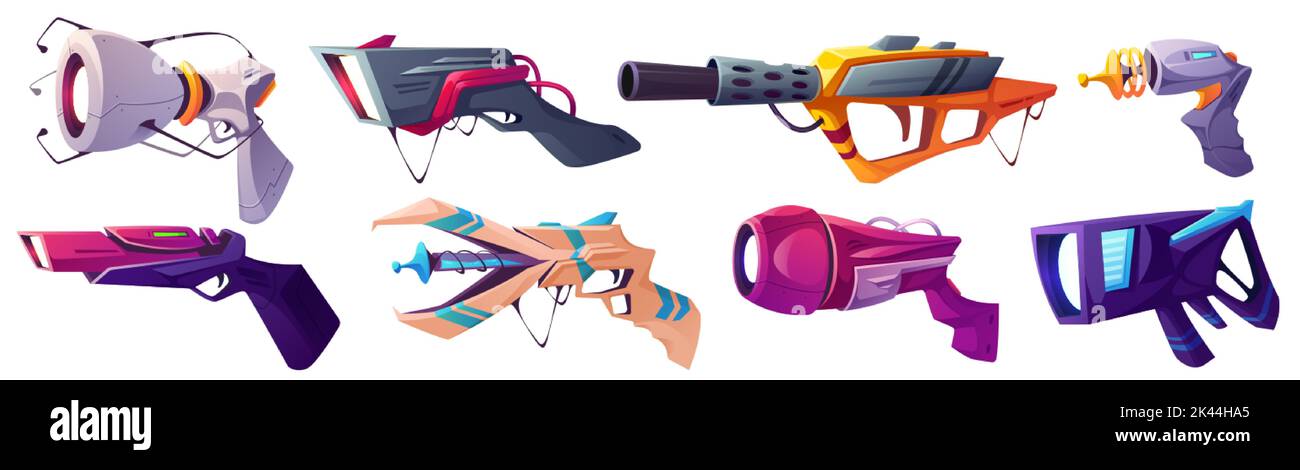 Space Blaster Pistolen, Cartoon-Vektor-Laser-Handfeuerwaffen Waffe. Spielzeug für Kinder, UI- oder gui-Design-Elemente, Alien-Waffen oder Kinderpistolen und Phaser isola Stock Vektor