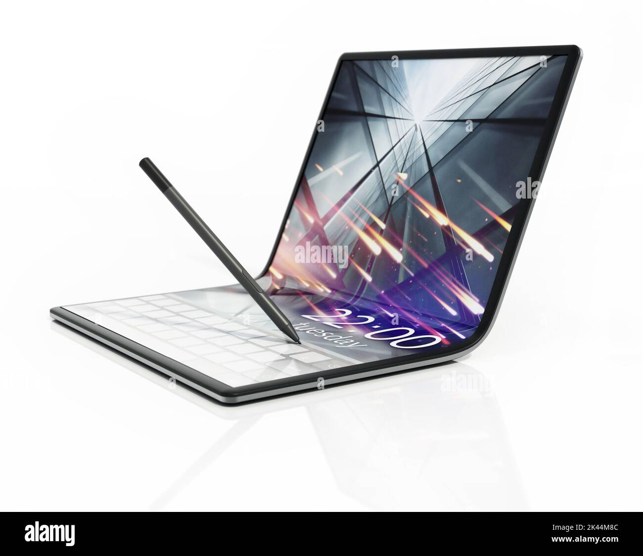 Zusammenklappbarer Tablet-Computer und Stift auf weißem Hintergrund isoliert. 3D Abbildung. Stockfoto