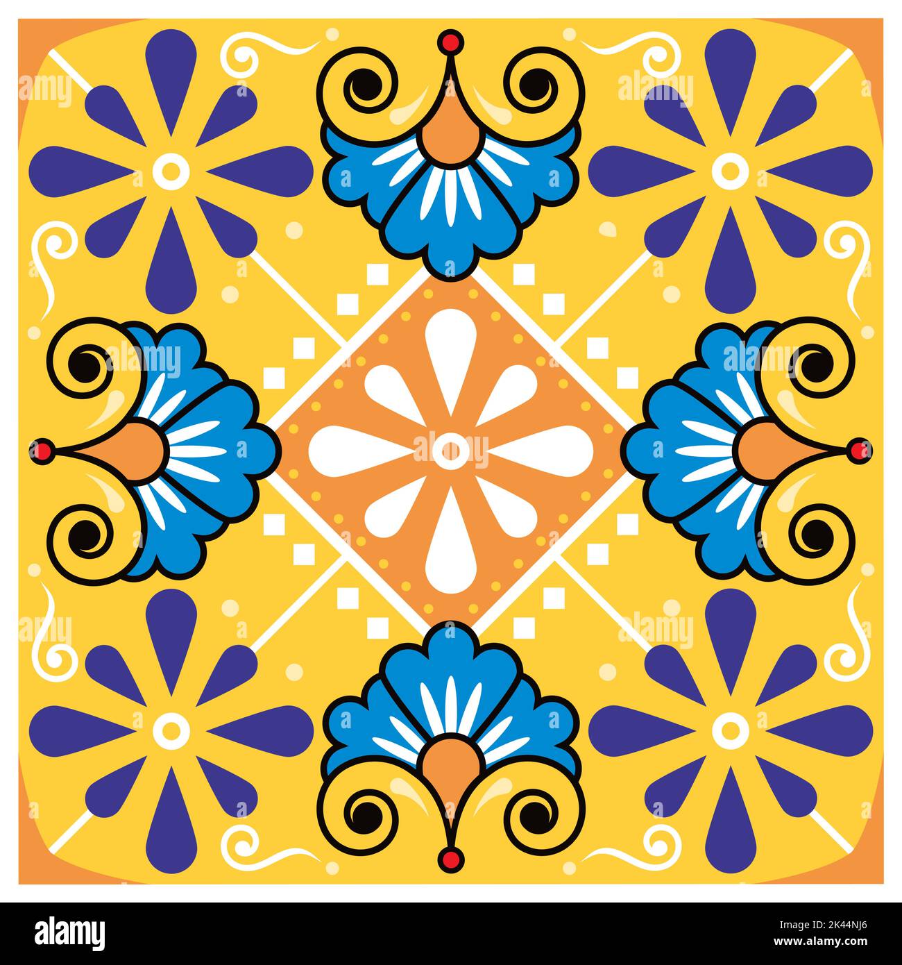 Mexikanisches talavera-Stil Keramik Single Fliese Vektor nahtloses Muster mit Blumen und Schrillen, Textil- oder Stoffdruck-Design Stock Vektor