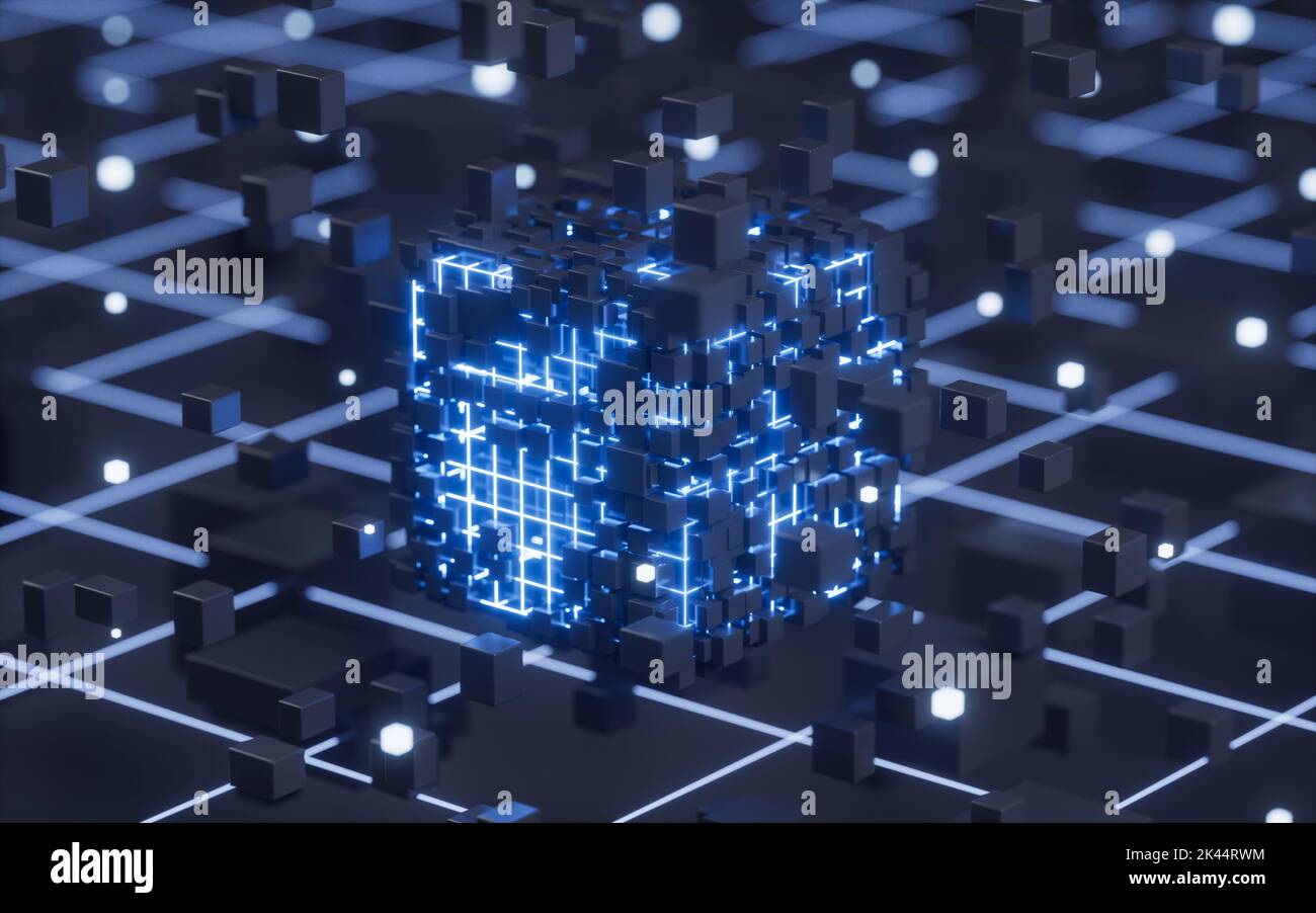 Abstrakte leuchtende Würfel und Linien, Schaltungen und Materialien, 3D Rendering. Digitale Zeichnung des Computers. Stockfoto