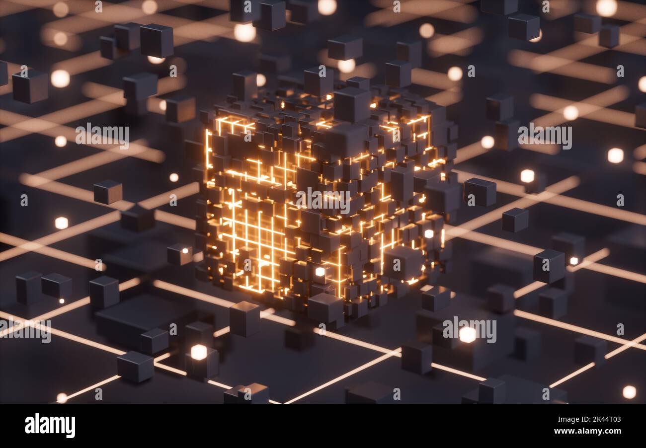 Abstrakte leuchtende Würfel und Linien, Schaltungen und Materialien, 3D Rendering. Digitale Zeichnung des Computers. Stockfoto