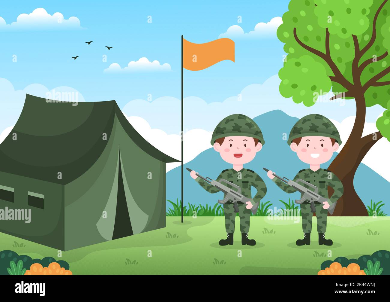 Military Army Force Template Handgezeichnete niedliche Cartoon flache Illustration mit Soldat, Waffe, Panzer oder schwerer Schutzausrüstung Stock Vektor