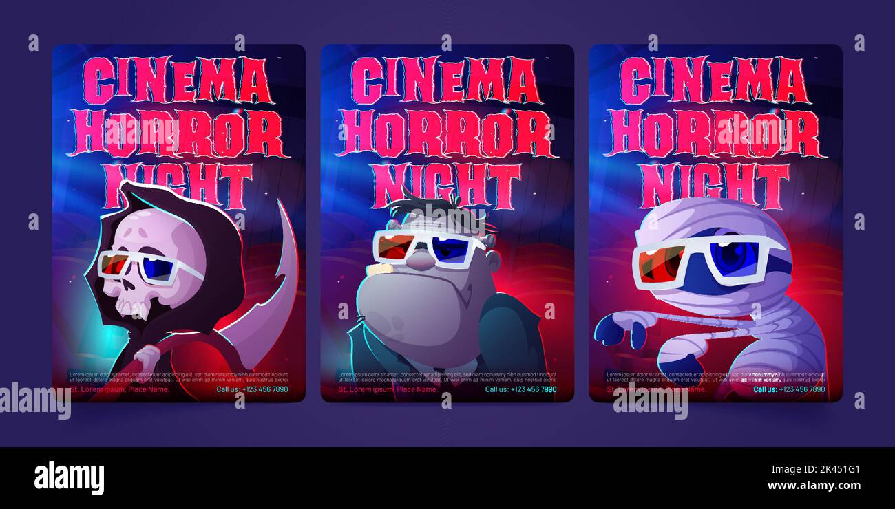 Nacht Horror Filme Cartoon Flyer mit lustigen Monstern Sensenmann mit Sense, Zombie und Mama tragen 3D Gläser. Einladung zum Kinofestival mit Stock Vektor