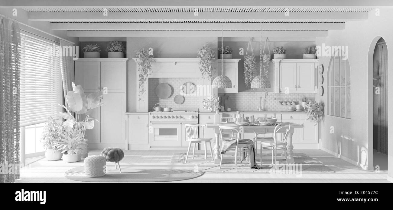 Totaler weißer Entwurf, Panoramablick auf die moderne Holzküche. Esstisch und Geräte. Skandinavisches Boho-Interieur Stockfoto