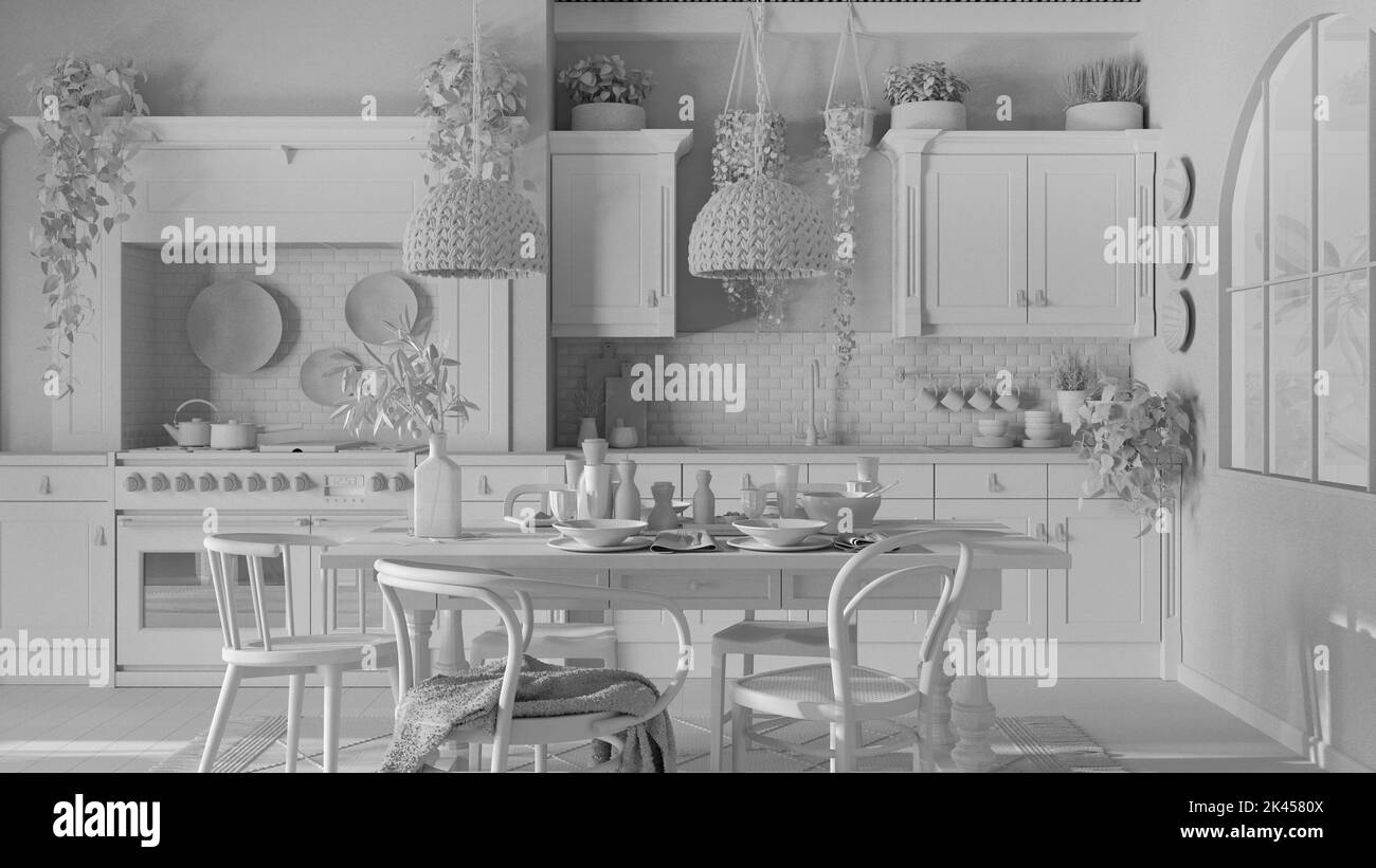 Total White Projekt Entwurf, Esstisch und Küche in Holz skandinavischen Boho-Stil. Tabelleneinstellung. Ländliche Boheme-Innenausstattung Stockfoto