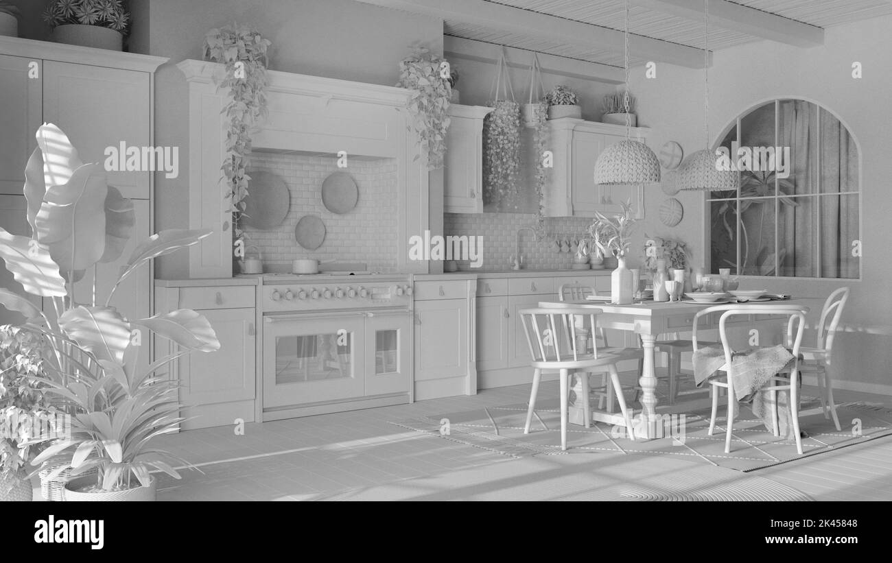 Totales weißes Projekt Entwurf, Küche und Esszimmer mit hölzernen Details in böhmianischem Stil. Tisch mit Stühlen, Teppich und Geräten. Boho Land inter Stockfoto