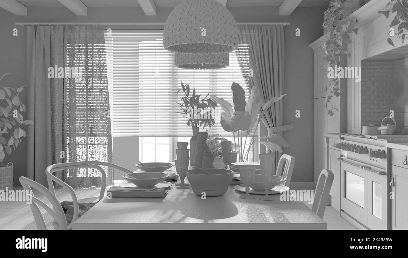 Total White Project Entwurf, Holztisch auf dem Land. Küche, Pendelleuchten und Fenster. Skandinavisches Boho-Interieur Stockfoto