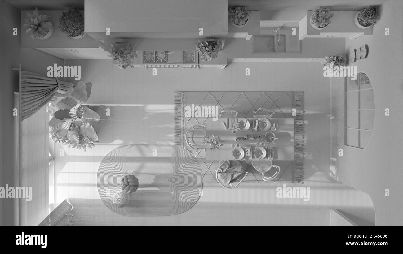 Total White Projekt Entwurf, Holz Land Küche.Esstisch, Teppich und Geräte. Skandinavisches Boho-Interieur. Draufsicht, Plan, oben Stockfoto