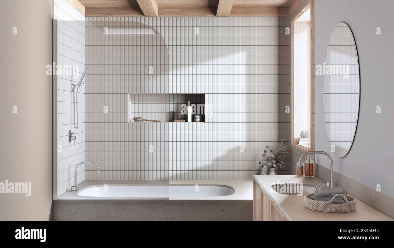 Japandiisches, minimalistisches Bad in Weiß- und Bleichtönen, Marmorbadewanne und Holzwaschbecken. Innenarchitektur des Bauernhauses Stockfoto