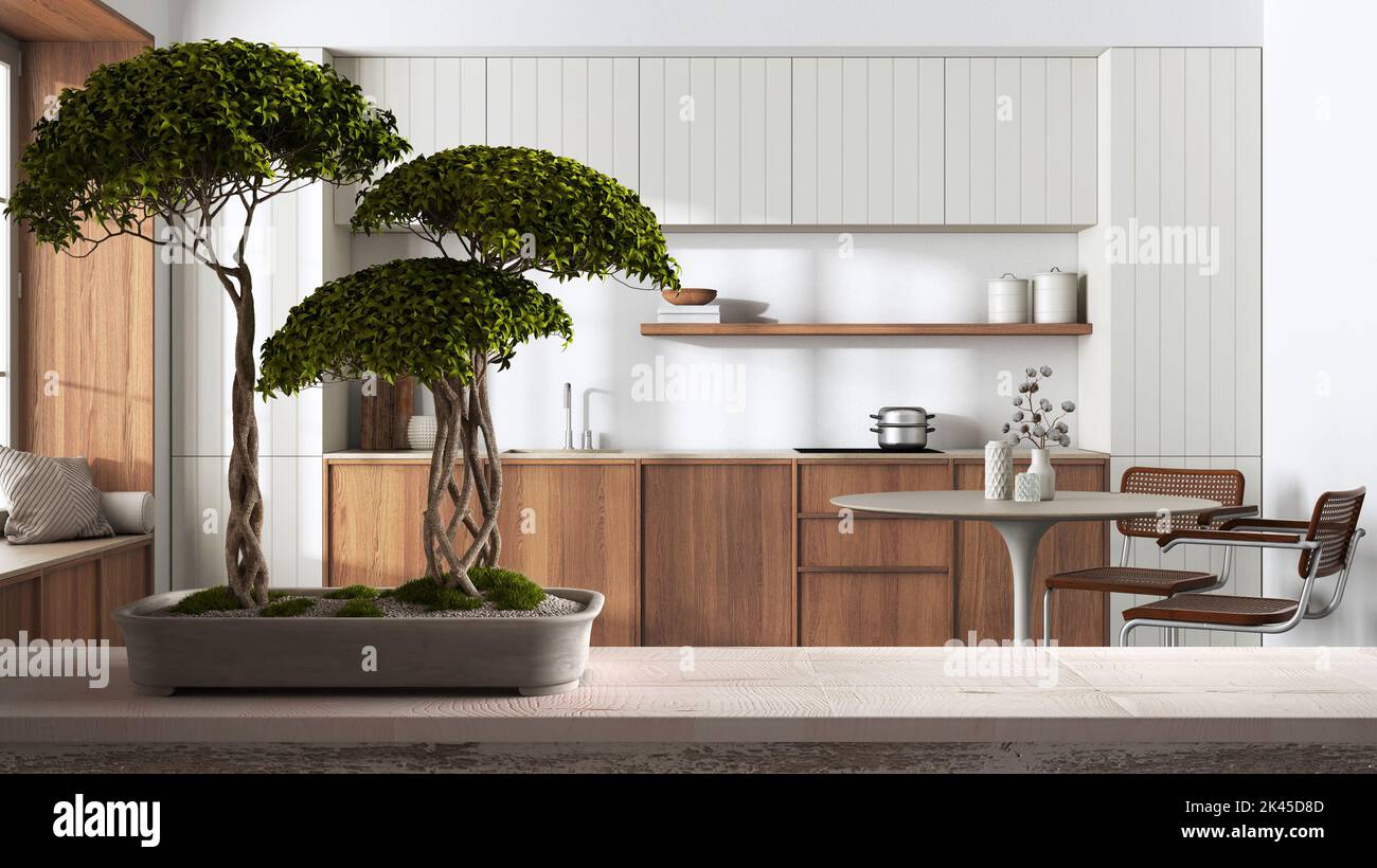 Vintage Holztisch Regal mit Kies und Tpfchen Kiefer Bonsai, grne Bltter,  ber japandi Holzkche mit Schrnken, Land Innenarchitektur, zen c  Stockfotografie - Alamy
