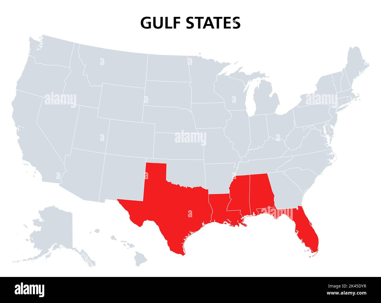 Golfstaaten der Vereinigten Staaten, politische Landkarte. Gulf South, wo Texas, Louisiana, Mississippi, Alabama und Florida auf den Golf von Mexiko treffen. Stockfoto
