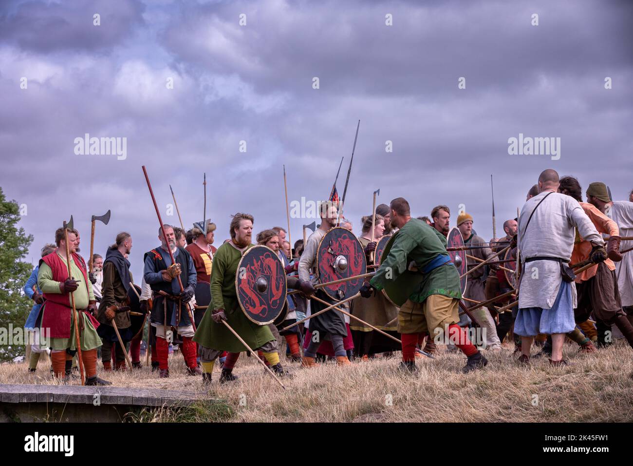 Wikingerschlacht, Trelleborg Vikings Festival, Trelleborg, Dänemark Stockfoto