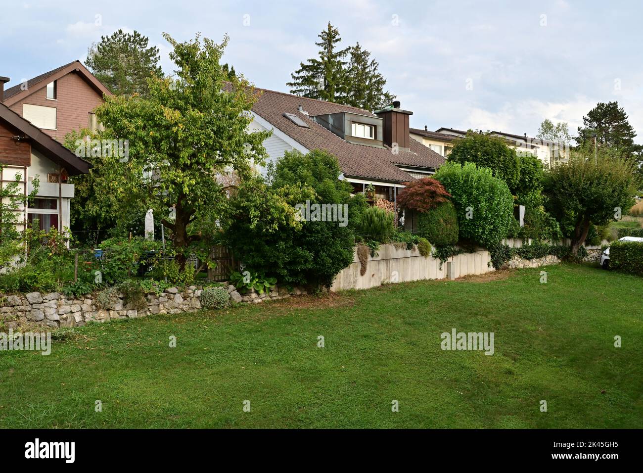 Blick auf das grüne Grasfeld und typische Familienhäuser in der Schweizer Landschaft im Kanton Zürich. Stockfoto