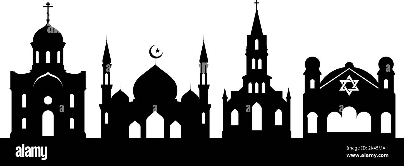 Religiöse Gebäude, Kirche, Moschee und Synagoge, Silhouette der Kathedrale, Vektor Stock Vektor